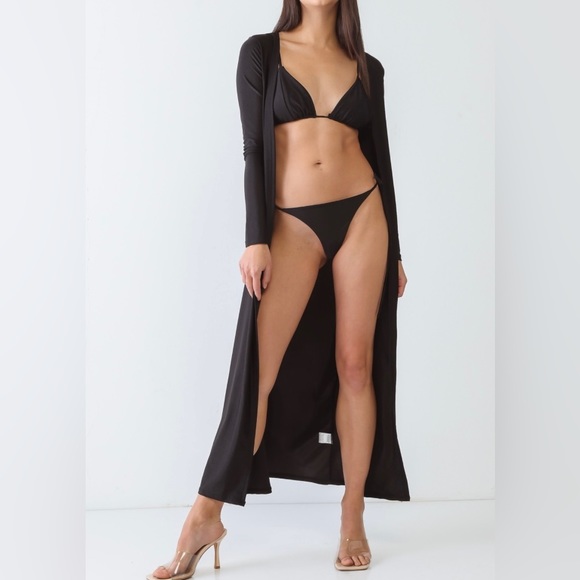 3 PC Swim Set Gold Satin Triangle Top, Self-Tie Thong, Long Sleeve Maxi Cover Up - Picture 2 of 7